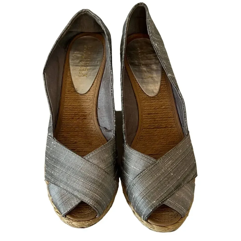 Lauren Ralph Lauren Silver Silk Crisscross Peep Toe Espadrille Cecilia Wedges 8